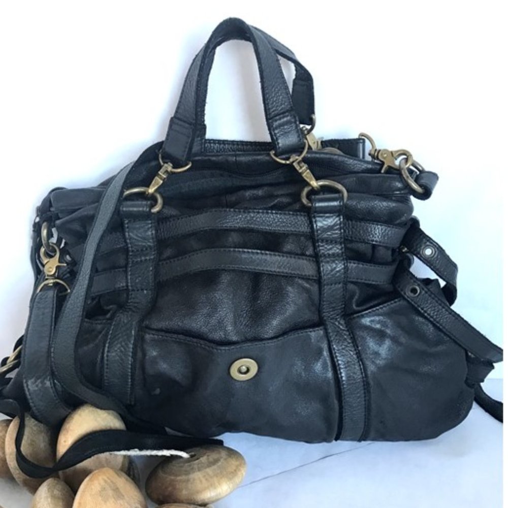 STEVEN BY STEVE MADDEN BLACK LEATHER BELTED SLOUCHY SATCHEL